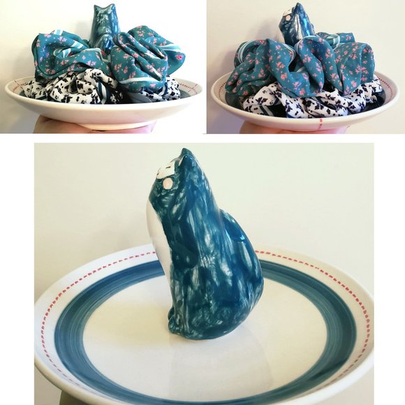 Cat jewelry dish tray holder, Rhea scrunchie set